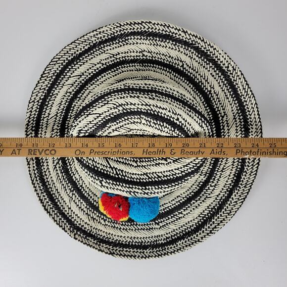 Hinge Two Tone Panama Hat Black White Wide Brim Woven Straw Pom Pom Summer NWOT - Picture 3 of 16